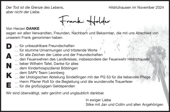 Traueranzeige von Frank Holder von Kreiszeitung Böblinger Bote