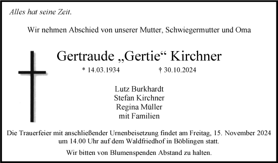 Traueranzeige von Gertraude  Kirchner von Kreiszeitung Böblinger Bote