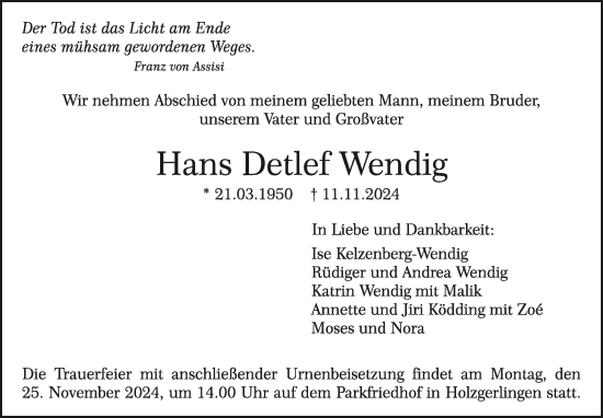 Traueranzeige von Hans Detlef Wendig  von Kreiszeitung Böblinger Bote