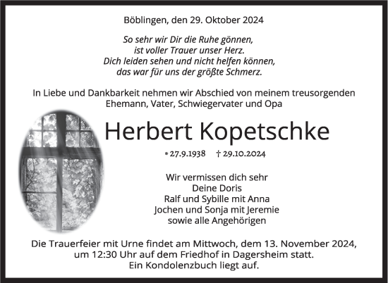 Traueranzeige von Herbert Kopetschke von Kreiszeitung Böblinger Bote