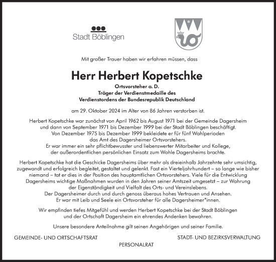 Traueranzeige von Herbert Kopetschke von Kreiszeitung Böblinger Bote