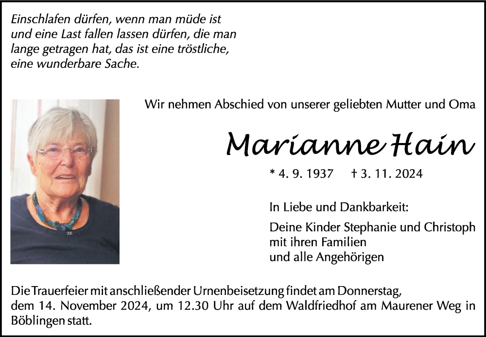  Traueranzeige für Marianne Hain vom 06.11.2024 aus Kreiszeitung Böblinger Bote