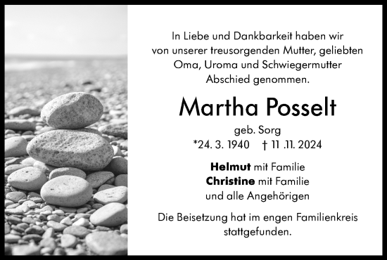 Traueranzeige von Martha Posselt von Kreiszeitung Böblinger Bote