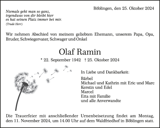 Traueranzeige von Olaf Ramin von Kreiszeitung Böblinger Bote