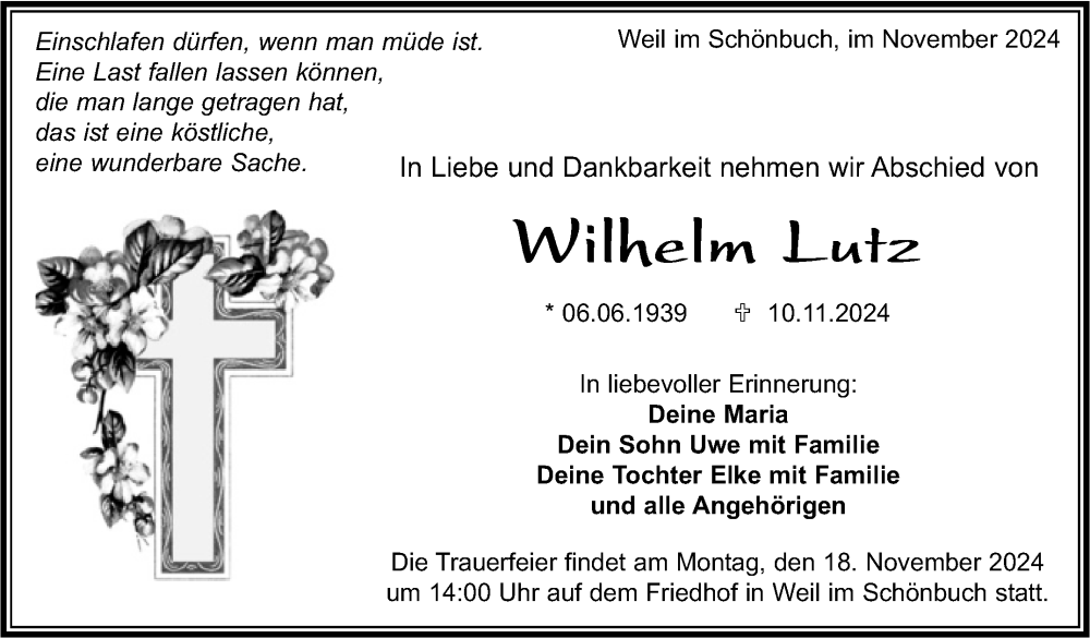  Traueranzeige für Wilhelm Lutz vom 15.11.2024 aus Kreiszeitung Böblinger Bote