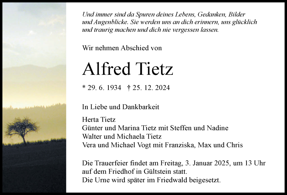  Traueranzeige für Alfred Tietz vom 30.12.2024 aus Kreiszeitung Böblinger Bote