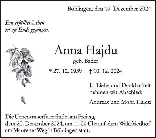 Traueranzeige von Anna Hajdu von Kreiszeitung Böblinger Bote