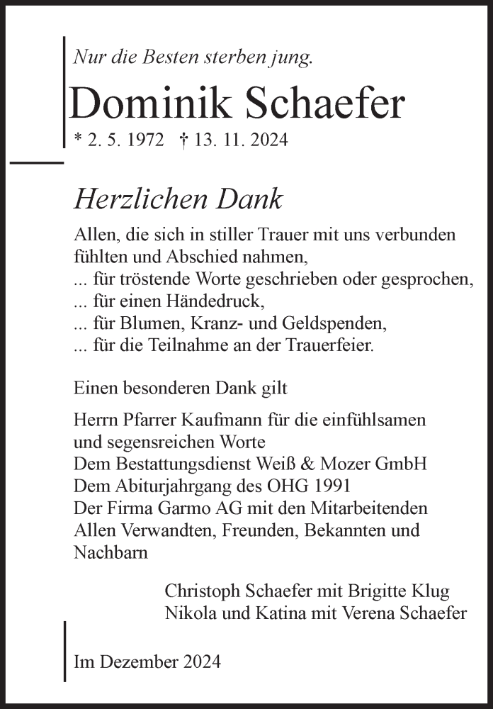 Traueranzeige für Dominik Schaefer vom 17.12.2024 aus Kreiszeitung Böblinger Bote