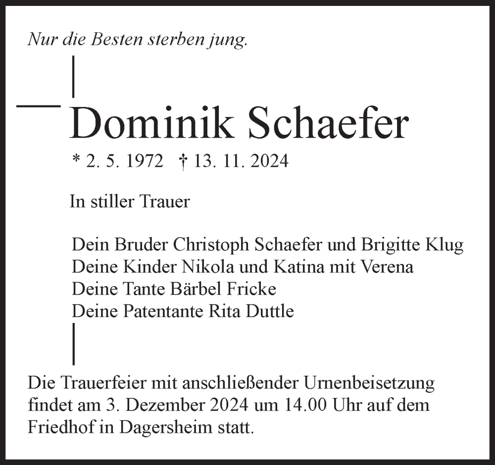  Traueranzeige für Dominik Schaefer vom 29.11.2024 aus Kreiszeitung Böblinger Bote