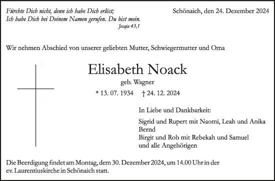 Traueranzeige von Elisabeth Noack von Kreiszeitung Böblinger Bote