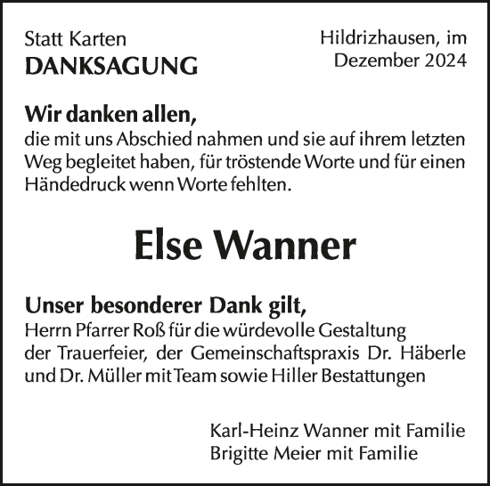 Traueranzeige von Else Wanner von Kreiszeitung Böblinger Bote