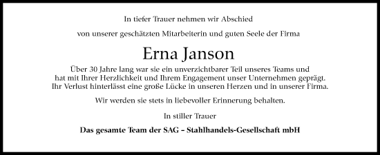 Traueranzeige von Erna Janson von Kreiszeitung Böblinger Bote