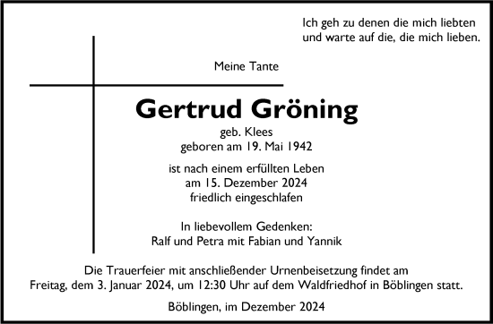 Traueranzeige von Gertrud Gröning von Kreiszeitung Böblinger Bote