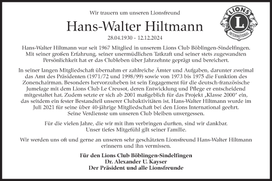 Traueranzeige von Hans-Walter Hiltmann von Kreiszeitung Böblinger Bote