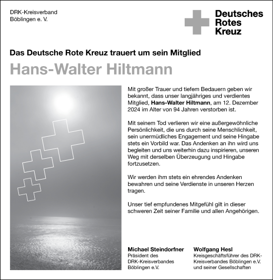 Traueranzeige von Hans-Walter Hiltmann von Kreiszeitung Böblinger Bote