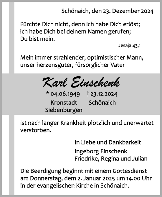 Traueranzeige von Karl Einschenk von Kreiszeitung Böblinger Bote