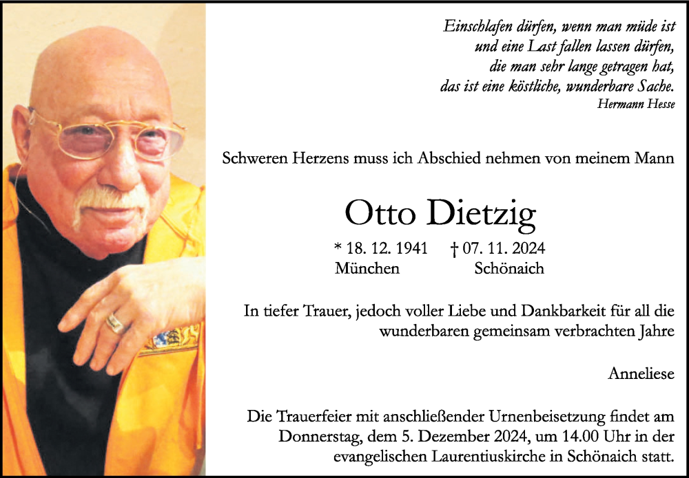  Traueranzeige für Otto Dietzig vom 30.11.2024 aus Kreiszeitung Böblinger Bote