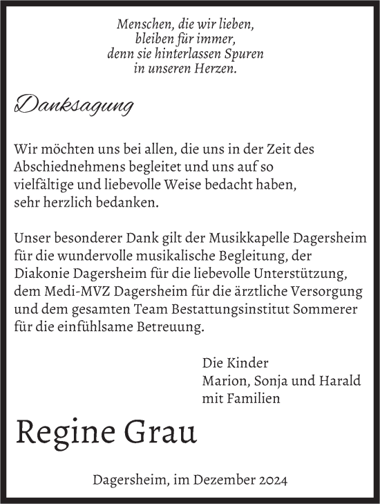 Traueranzeige von Regine Grau von Kreiszeitung Böblinger Bote
