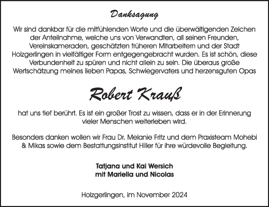 Traueranzeige von Robert Krauß von Kreiszeitung Böblinger Bote