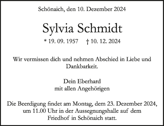 Traueranzeige von Sylvia Schmidt von Kreiszeitung Böblinger Bote