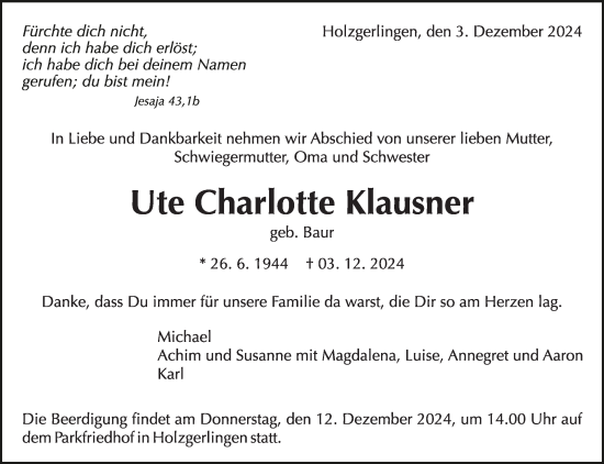 Traueranzeige von Ute Charlotte Klausner von Kreiszeitung Böblinger Bote