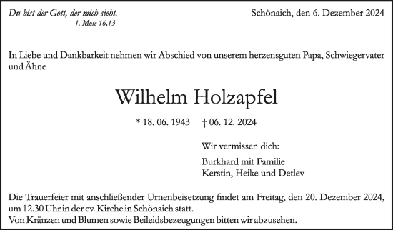 Traueranzeige von Wilhelm Holzapfel von Kreiszeitung Böblinger Bote