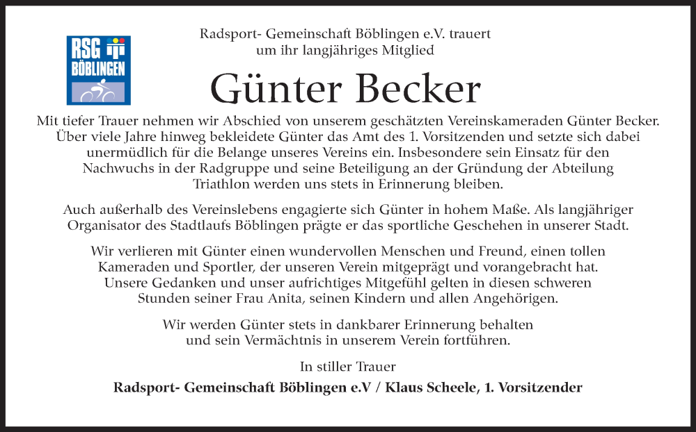  Traueranzeige für Günter Becker vom 28.02.2024 aus Kreiszeitung Böblinger Bote