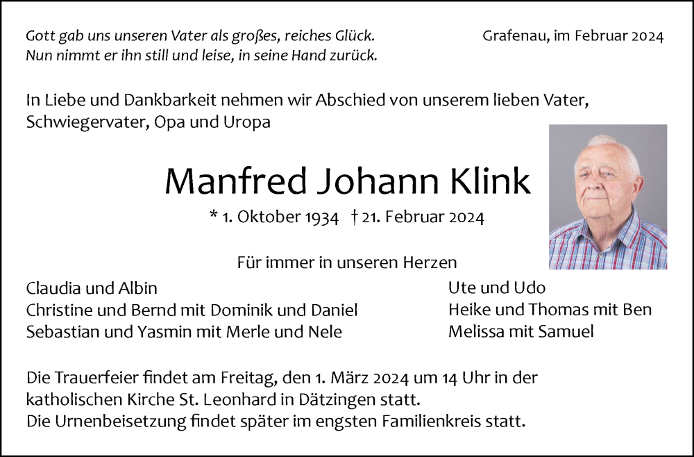  Traueranzeige für Manfred Johann Klink vom 28.02.2024 aus Kreiszeitung Böblinger Bote