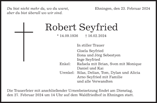 Traueranzeige von Robert Seyfried von Kreiszeitung Böblinger Bote
