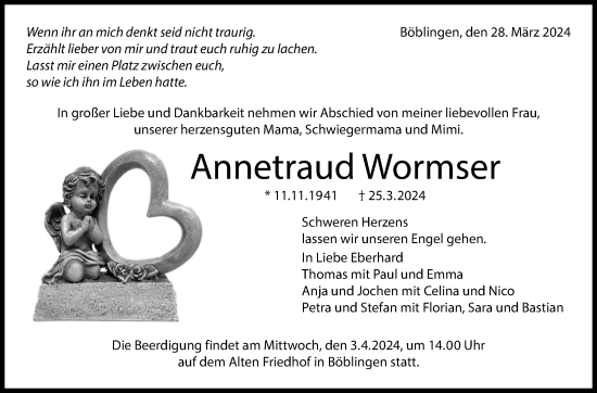 Traueranzeige von Annetraud Wormser von Kreiszeitung Böblinger Bote