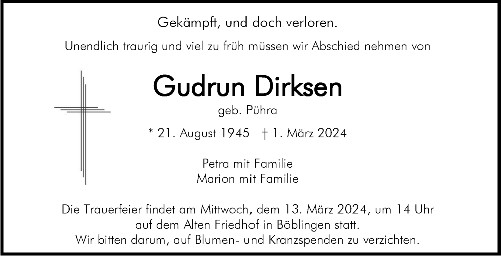  Traueranzeige für Gudrun Dirksen vom 09.03.2024 aus Kreiszeitung Böblinger Bote