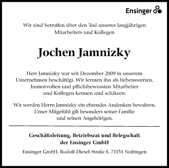 Traueranzeige von Jochen Jamnizky von Kreiszeitung Böblinger Bote