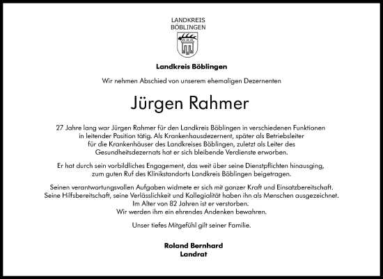 Traueranzeige von Jürgen Rahmer von Kreiszeitung Böblinger Bote