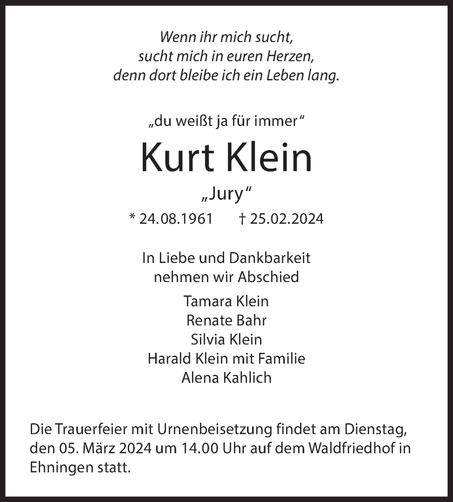  Traueranzeige für Kurt Klein vom 02.03.2024 aus Kreiszeitung Böblinger Bote