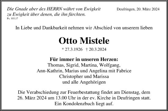 Traueranzeige von Otto Mistele von Kreiszeitung Böblinger Bote