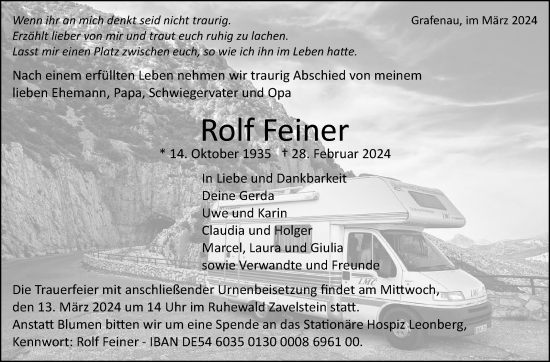 Traueranzeige von Rolf Feiner von Kreiszeitung Böblinger Bote