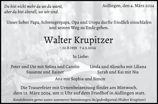 Traueranzeige von Walter Krupitzer von Kreiszeitung Böblinger Bote