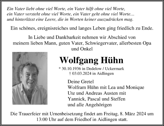 Traueranzeige von Wolfgang Hühn von Kreiszeitung Böblinger Bote