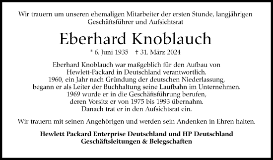 Traueranzeige von Eberhard Knoblauch von Kreiszeitung Böblinger Bote