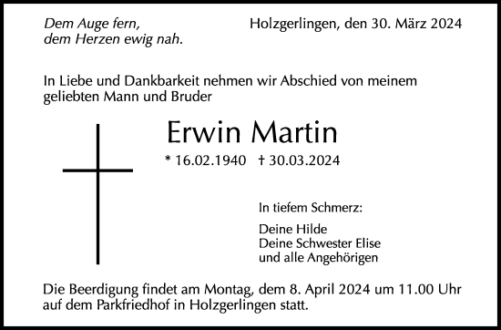 Traueranzeige von Erwin Martin von Kreiszeitung Böblinger Bote