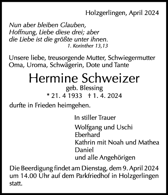 Traueranzeige von Hermine Schweizer von Kreiszeitung Böblinger Bote