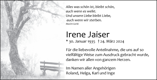 Traueranzeige von Irene Jaiser von Kreiszeitung Böblinger Bote