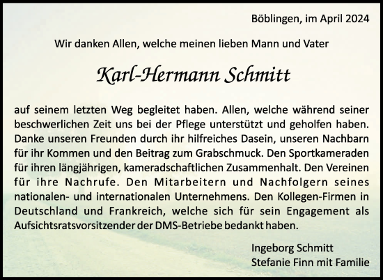 Traueranzeige von Karl-Hermann Schmitt von Kreiszeitung Böblinger Bote