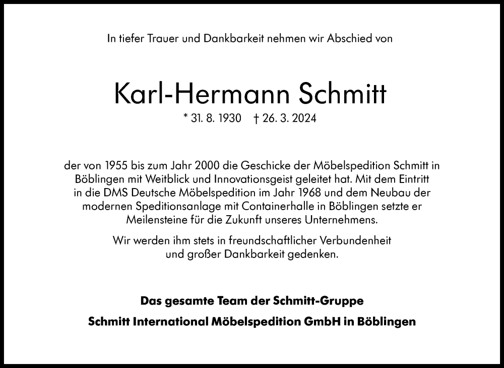  Traueranzeige für Karl-Hermann Schmitt vom 03.04.2024 aus Kreiszeitung Böblinger Bote