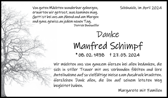 Traueranzeige von Manfred Schimpf von Kreiszeitung Böblinger Bote