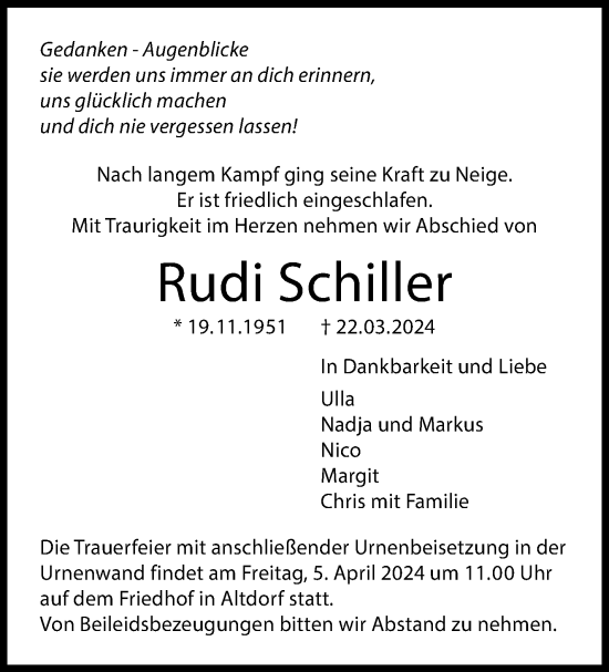 Traueranzeige von Rudi Schiller von Kreiszeitung Böblinger Bote