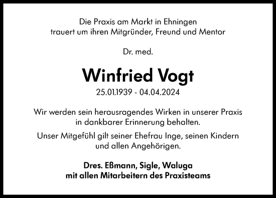 Traueranzeige von Winfried Vogt von Kreiszeitung Böblinger Bote