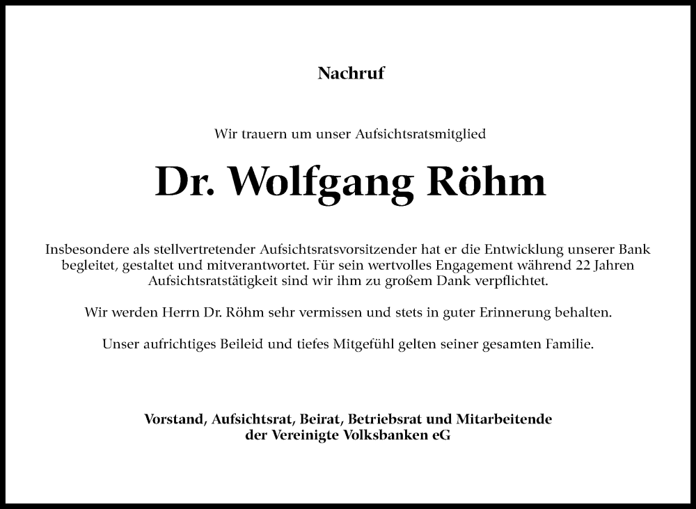  Traueranzeige für Wolfgang Röhm vom 26.04.2024 aus Kreiszeitung Böblinger Bote
