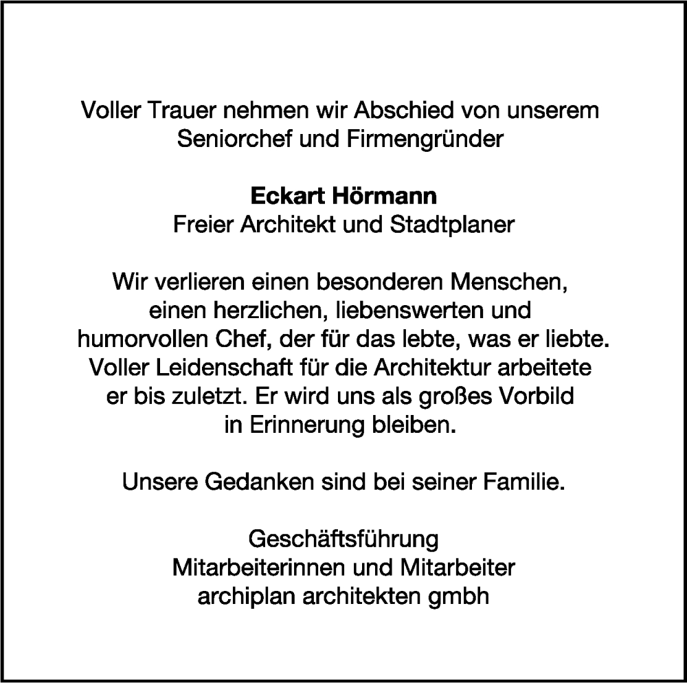  Traueranzeige für Eckart Hörmann vom 03.05.2024 aus Kreiszeitung Böblinger Bote