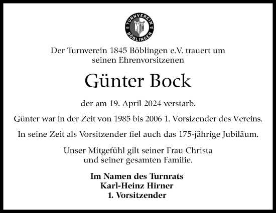Traueranzeige von Günter Bock von Kreiszeitung Böblinger Bote